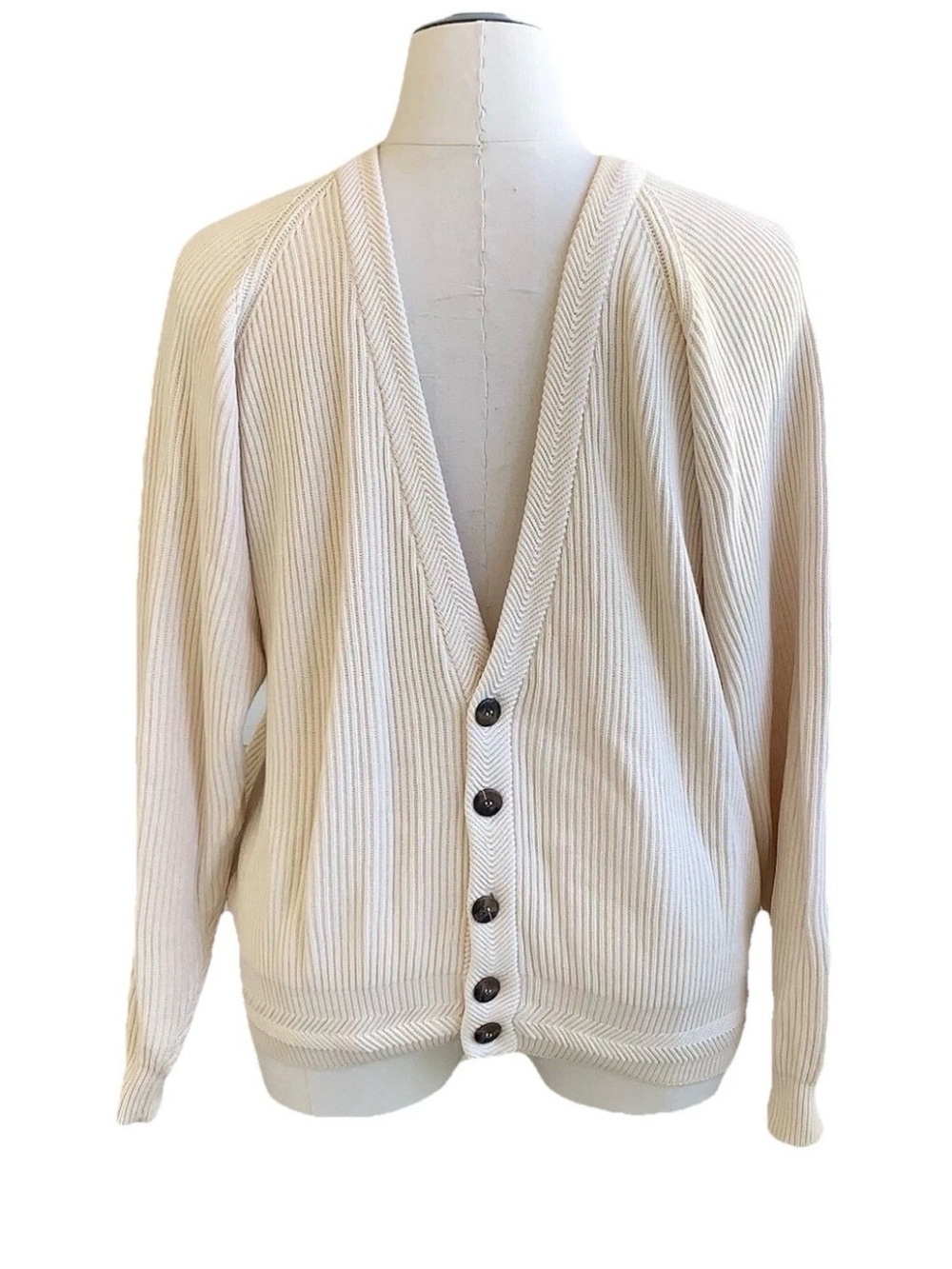 Cambridge Ribbed Knit Grandpa Cardigan Sweater Cream Baggy Dad XL Grunge Cobain